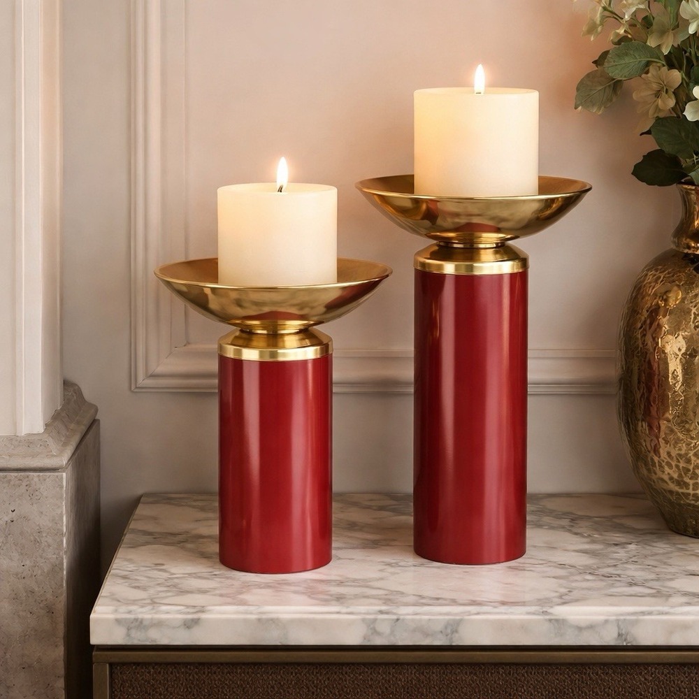 Pair of Ethan Allen Home VTG Brass & Burgundy Pillar Candle Holders MCM